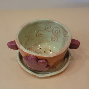 Cute Handcrafted Ceramic Berry Strainer with Saucer